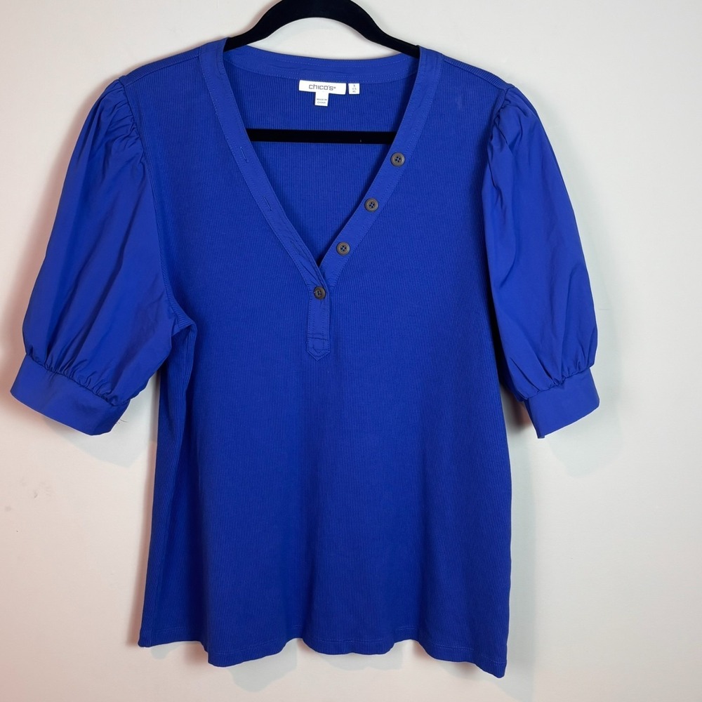 Chico's‎ Womens Royal Blue Puff Sleeve Henley Cotton Stretch Blouse sz 3 /US XL